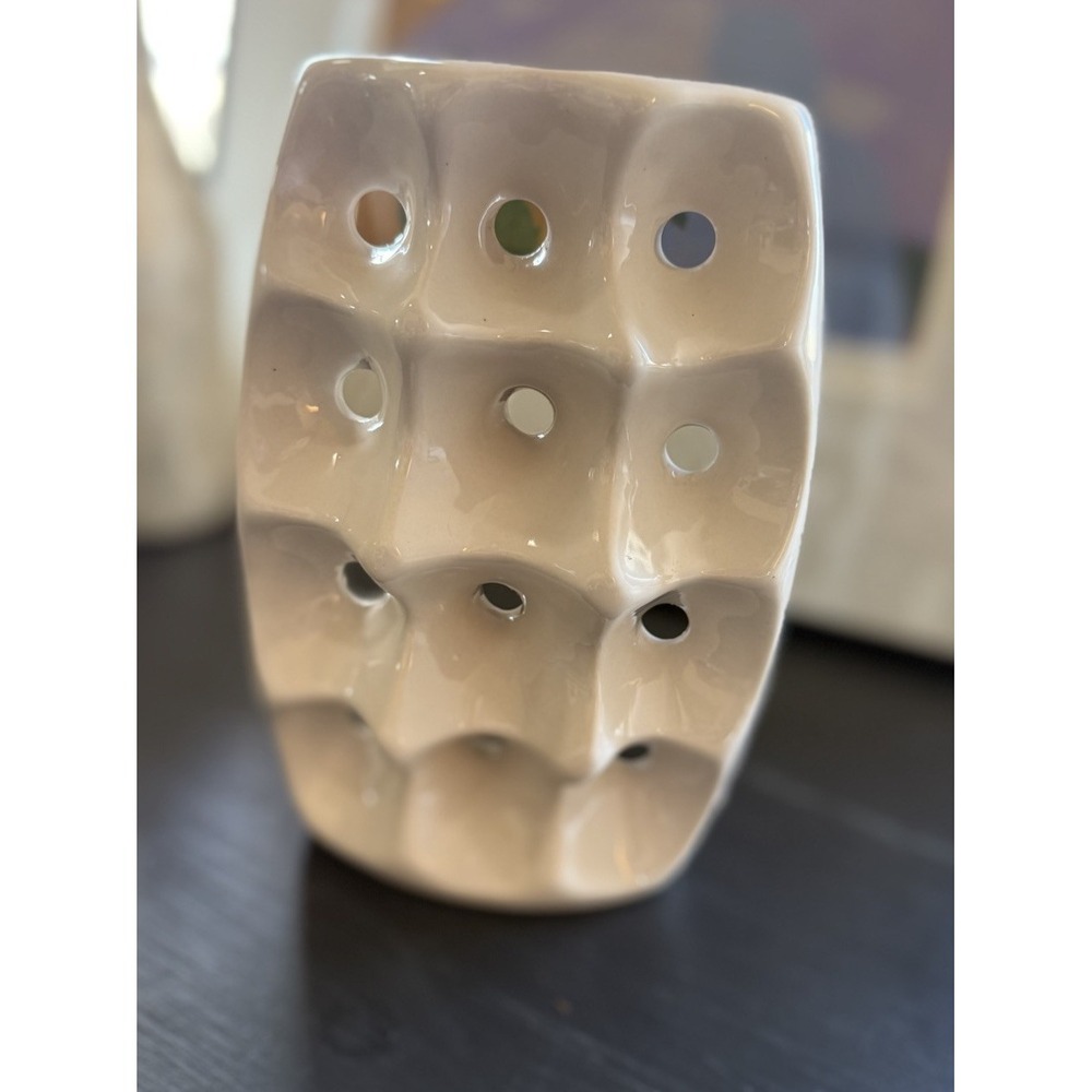 Unique Geometric Design Creamy White Glazed Vase. 8" Tall